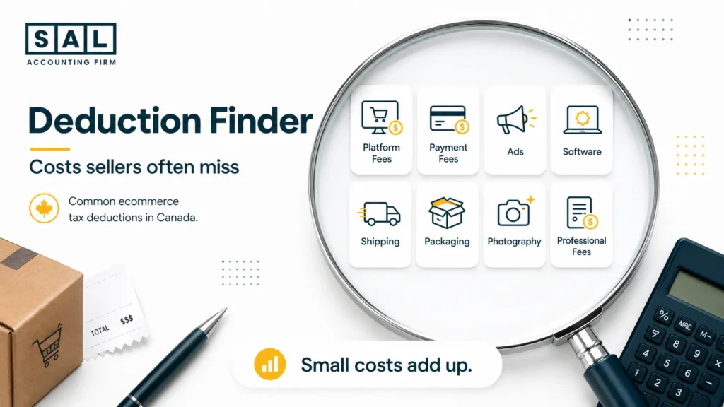 Common ecommerce tax deductions for Canadian online sellers including platform fees, ads, software, shipping, and packaging