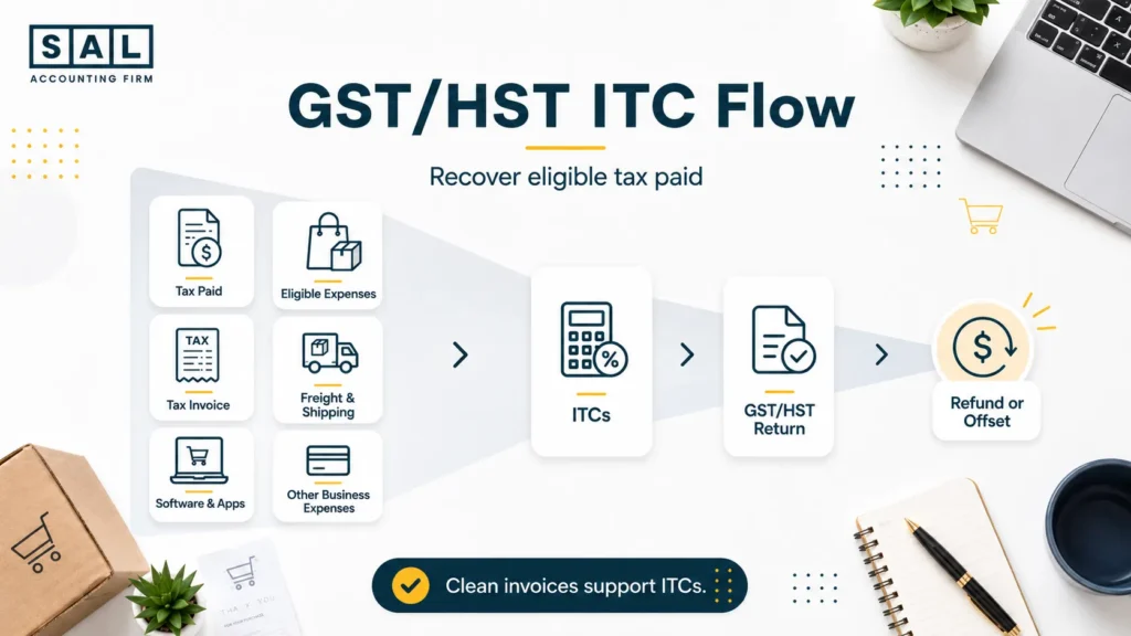 GST/HST input tax credit flow for ecommerce sellers showing eligible expenses, tax invoices, and GST/HST return