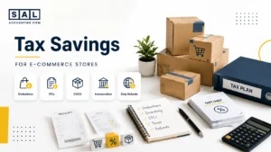 Tax loopholes for e-commerce stores in Canada with ecommerce tax documents, product boxes, and calculator