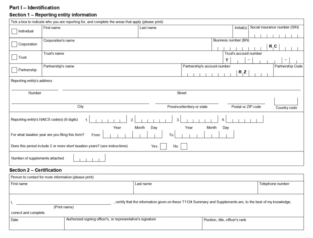 Part 1 of form T1134: Identification and Certification