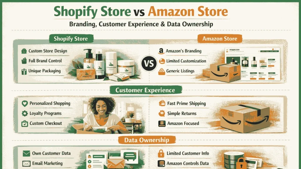Branding, Customer Experience & Data Ownership comparison between Shopify and Amazon