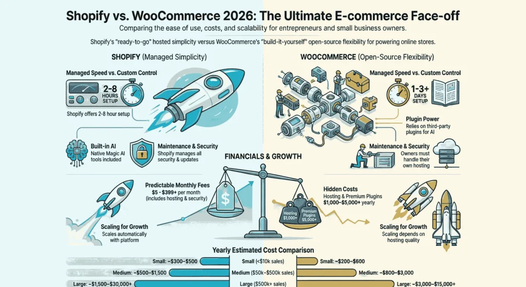 Shopify vs. WooCommerce infographic, from cost to features