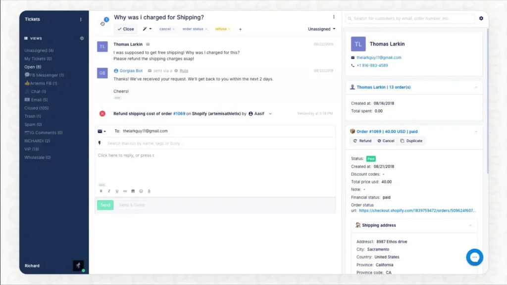 Gorgias for chat, email, social messages, and AI replies for ecommerce platforms