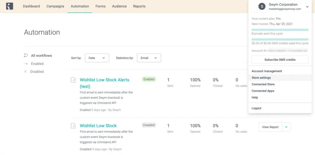 Omnisend screenshot, a tool for email, SMS, web push notifications automation