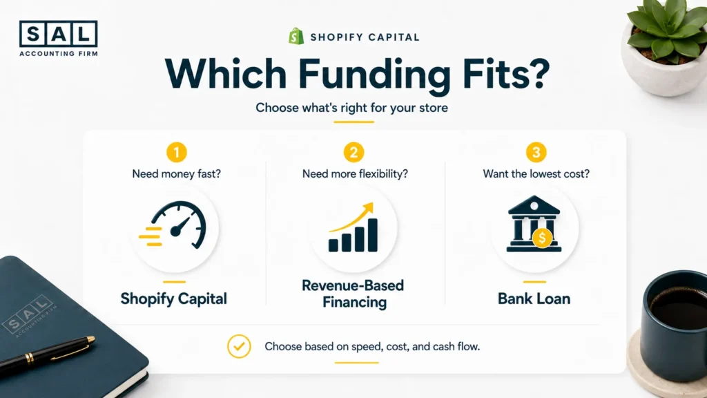 Decision guide to choose the right Shopify funding option based on speed, flexibility, and cost