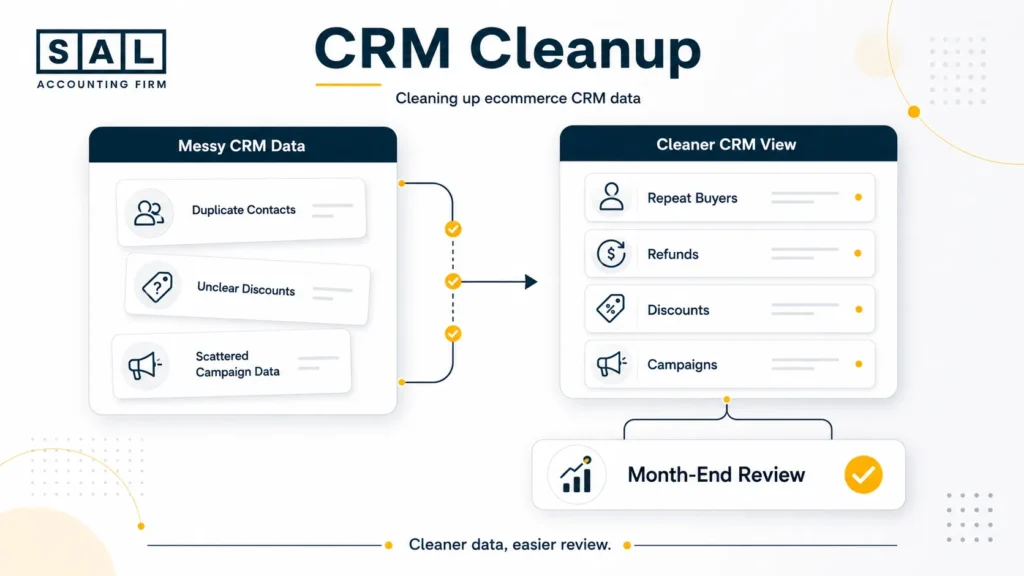 Ecommerce CRM data cleanup showing messy customer records becoming cleaner repeat buyer and campaign data