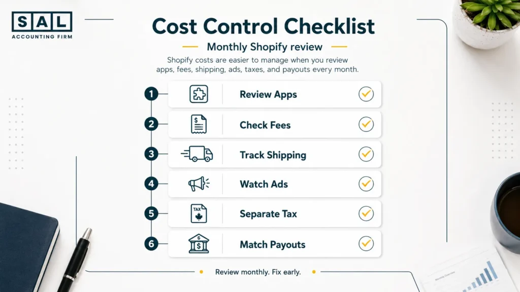 Monthly Shopify cost control checklist for reviewing apps, fees, shipping, ads, tax, and payouts
