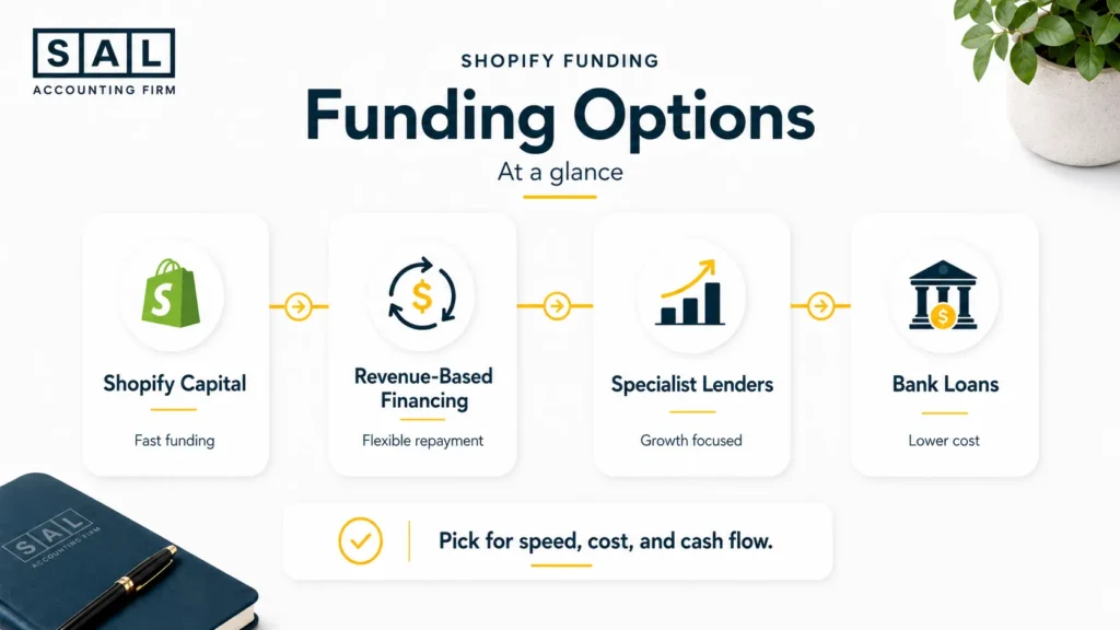 Shopify funding options for ecommerce stores including Shopify Capital, revenue-based financing, specialist lenders, and bank loans