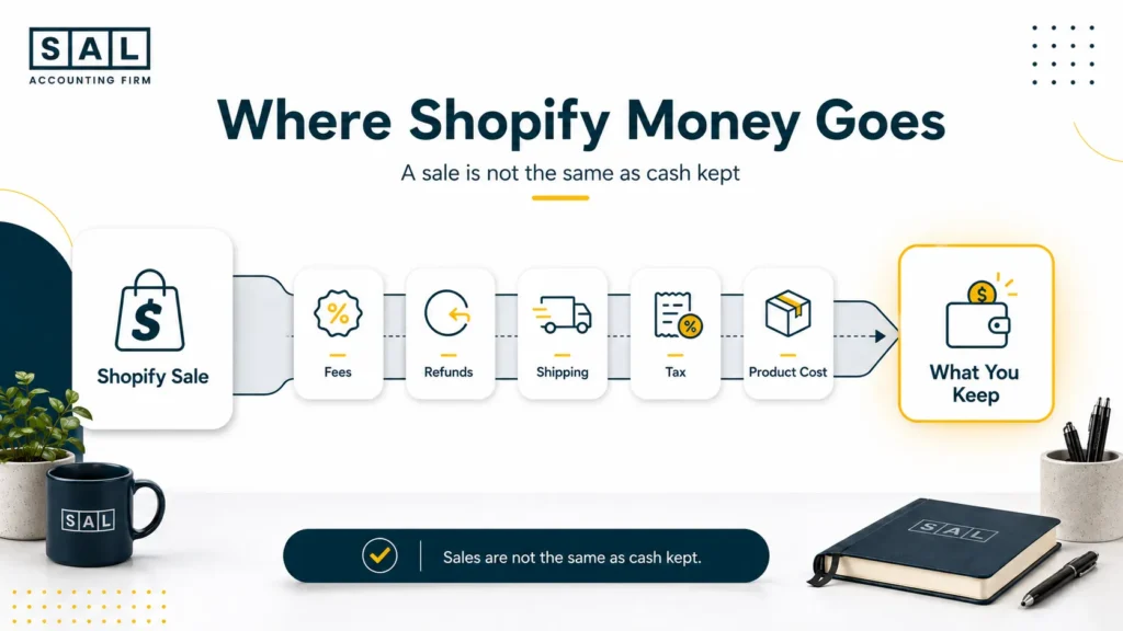 Shopify sale breakdown showing fees, refunds, shipping, tax, product cost, and what the store keeps