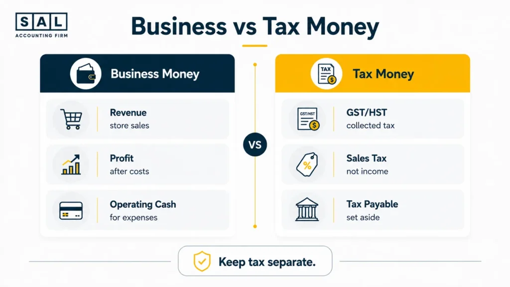 Infographic comparing ecommerce business money with tax money, including revenue, profit, GST/HST, sales tax, and tax payable.