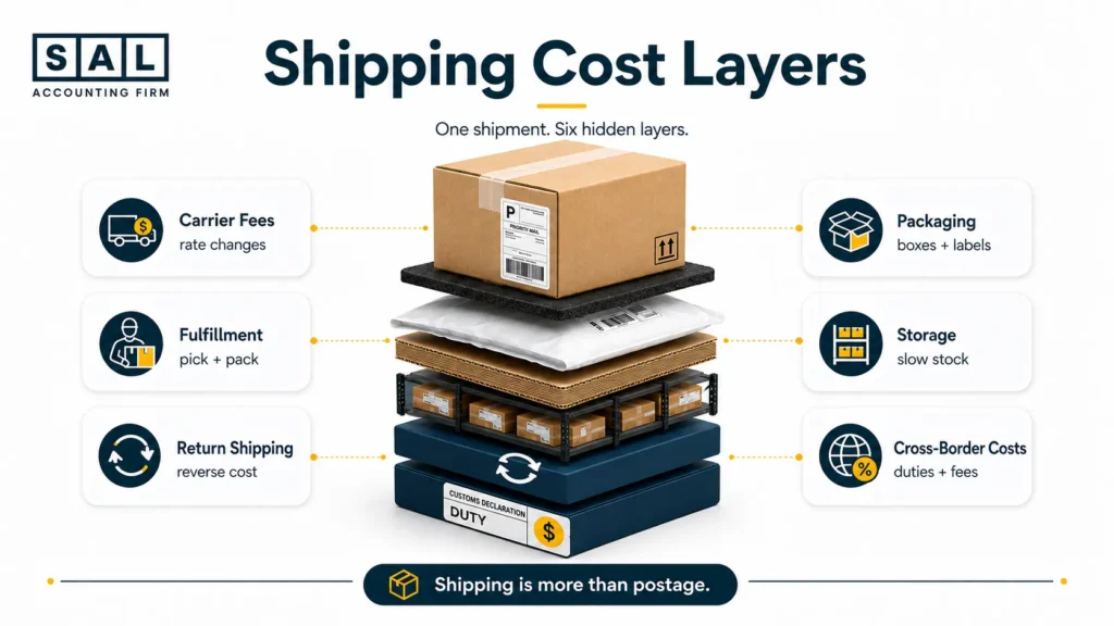 Infographic showing hidden ecommerce shipping costs such as carrier fees, packaging, fulfillment, storage, return shipping, and cross-border costs.