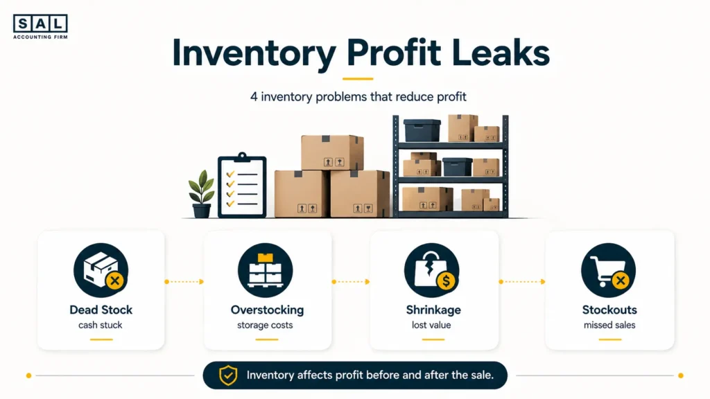 Infographic showing four inventory problems that reduce ecommerce profit: dead stock, overstocking, shrinkage, and stockouts.