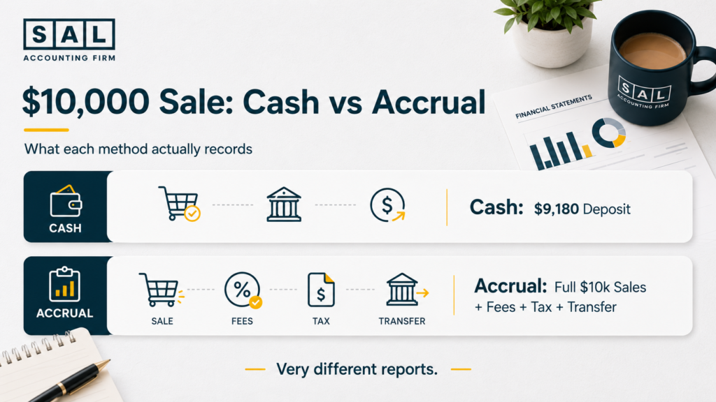 Parallel comparison of how cash and accrual accounting record a ,000 sale with fees and payouts