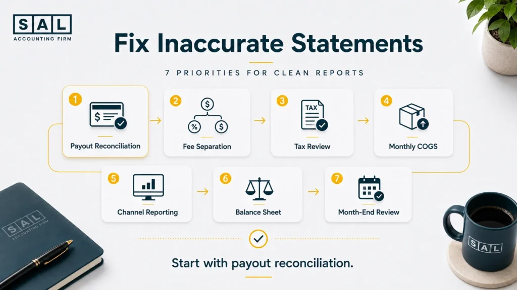Numbered priorities for cleaning up inaccurate ecommerce financial statements and improving reporting