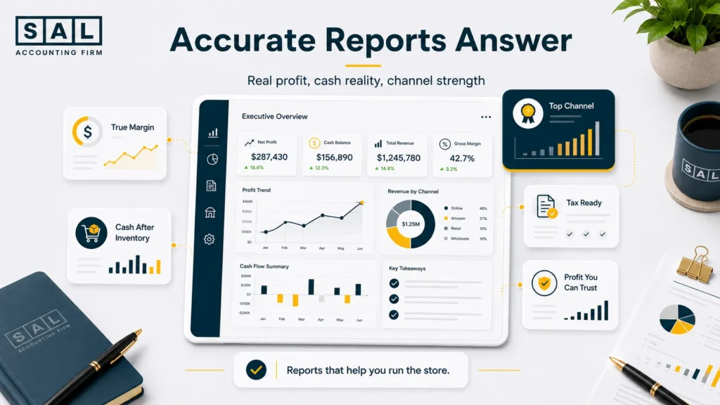 Example of accurate ecommerce financial dashboard showing true profit, cash flow, and channel performance