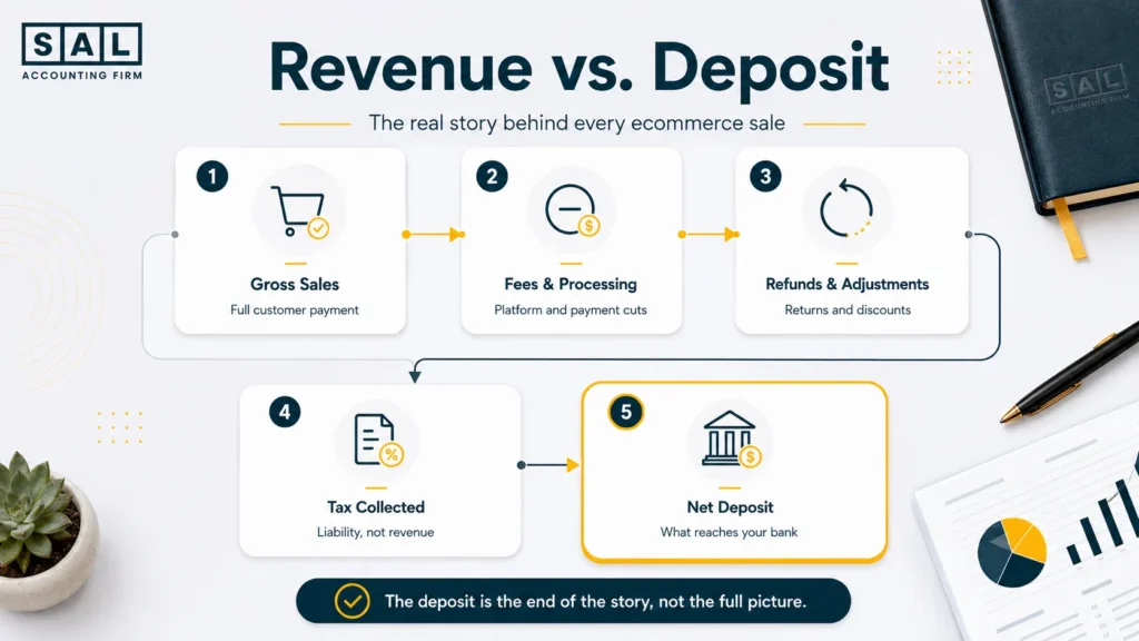 Clean flowchart illustrating how one ecommerce sale becomes net bank deposit after fees, refunds, tax, and timing holds