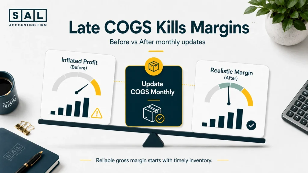 Before and after comparison chart showing how delayed COGS updates distort profit margins in ecommerce stores