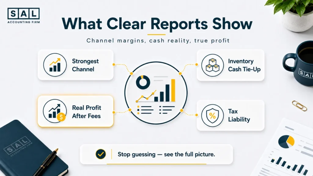 Key insights clear ecommerce financial reports should deliver including channel margins, inventory cash, and real profit