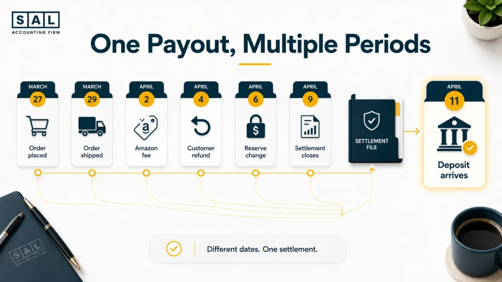 Amazon FBM settlement timeline showing orders, fees, refunds, reserve changes, settlement closing, and bank deposit dates