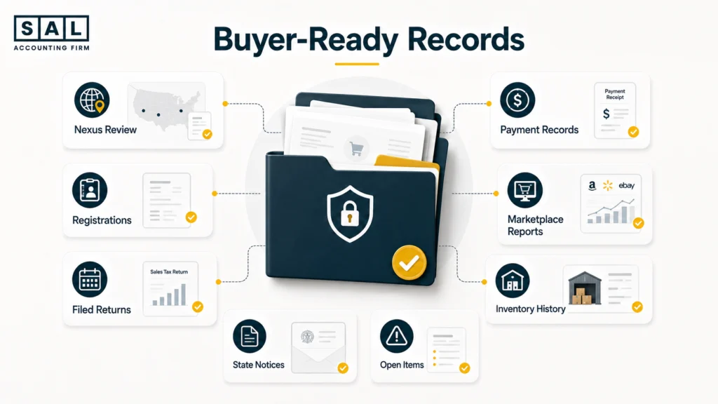 Organized sales tax data room containing nexus reviews, registrations, returns, payments, marketplace reports, and state notices.