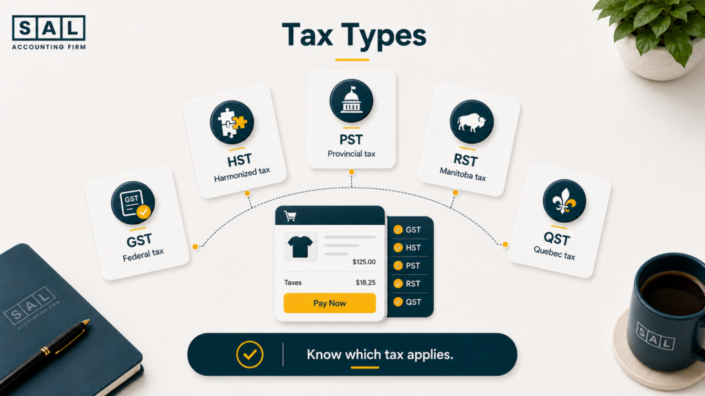 Canadian ecommerce sales tax types including GST, HST, PST, RST, and QST