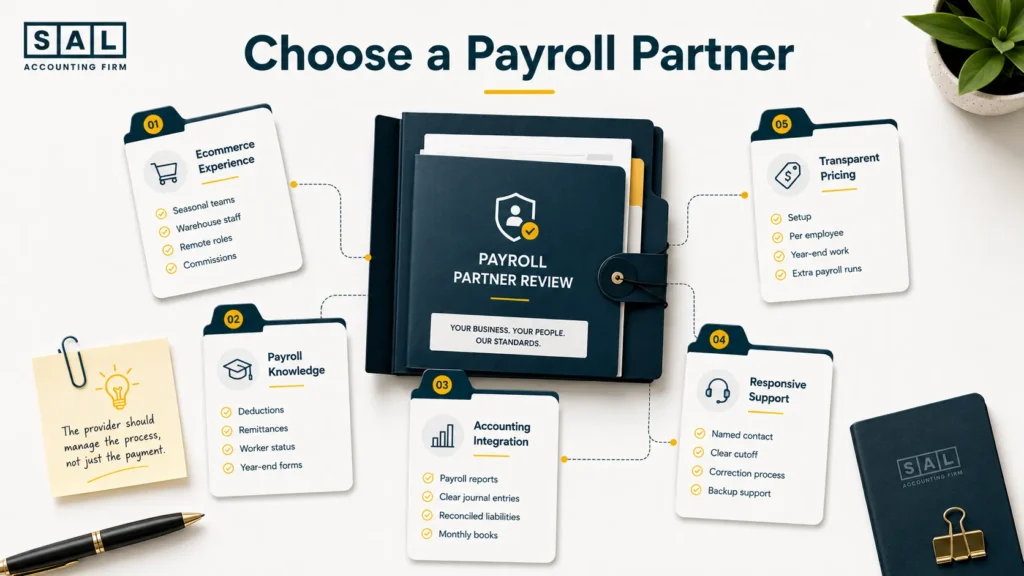 Five factors for choosing an ecommerce payroll provider, including experience, compliance, accounting integration, support, and pricing