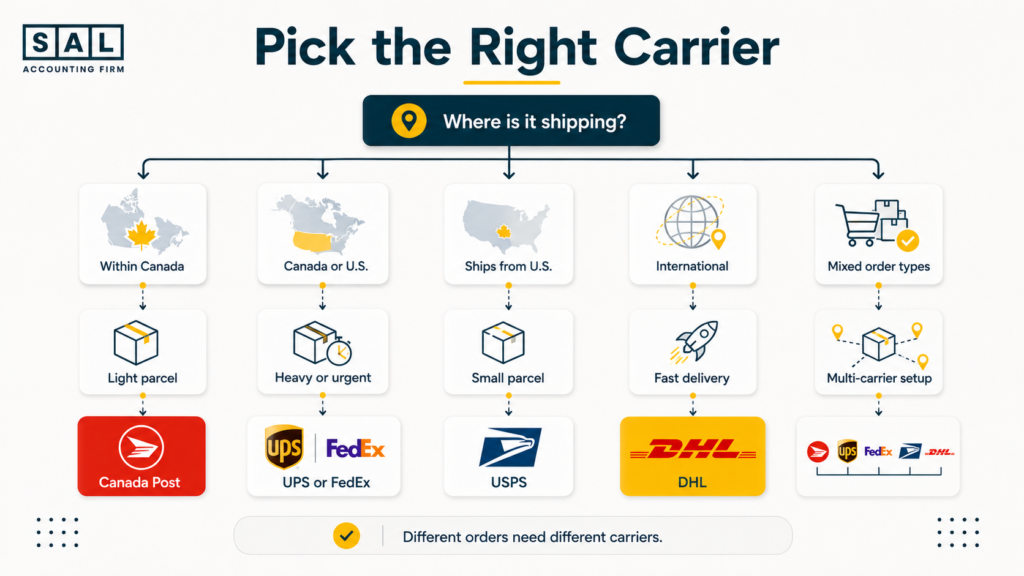 Decision guide for choosing an ecommerce shipping carrier by destination, package type and delivery need
