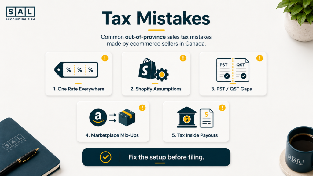 Common Canadian ecommerce sales tax mistakes including wrong province tax, Shopify assumptions, and PST or QST gaps