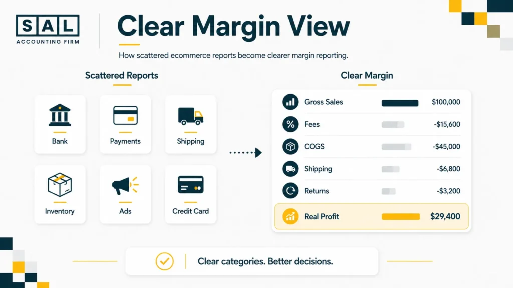 Scattered ecommerce reports becoming a clear margin view with gross sales, fees, COGS, shipping, returns, and profit.