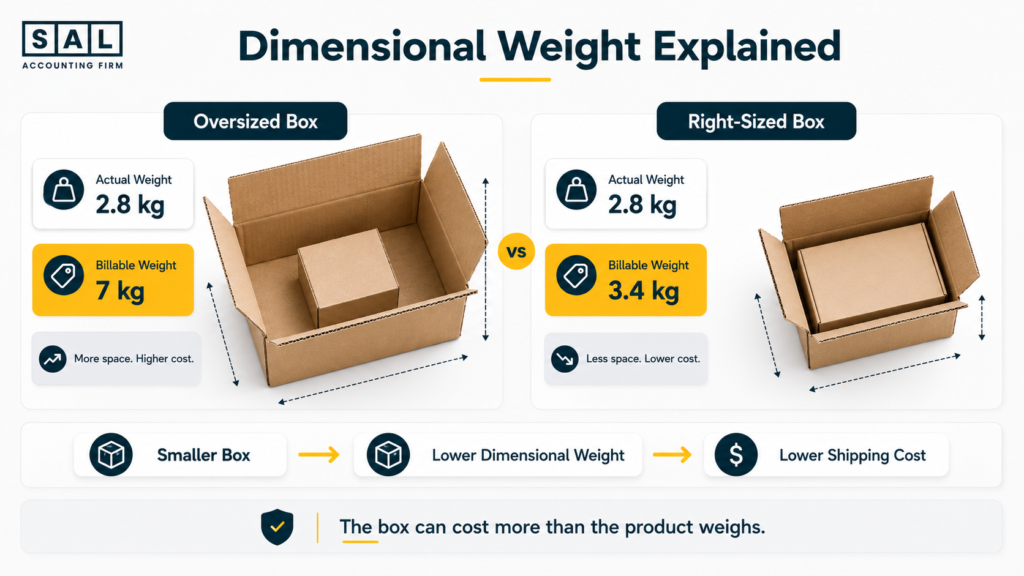 Comparison of dimensional shipping weight for an oversized box and a right-sized ecommerce package