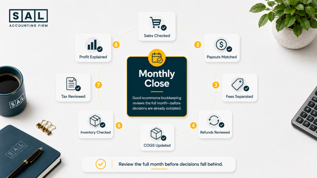 Ecommerce monthly close process showing sales checks, payout matching, fee separation, refund review, COGS updates, inventory checks, tax review, and profit explanation.