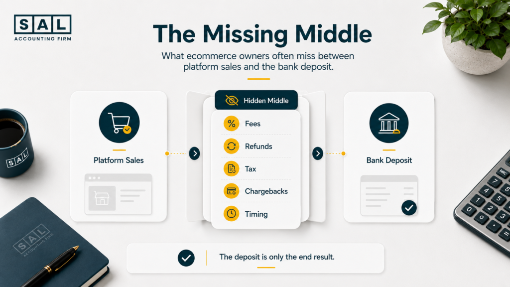 Ecommerce payout flow showing the hidden middle between platform sales and bank deposits, including fees, refunds, tax, chargebacks, and timing.