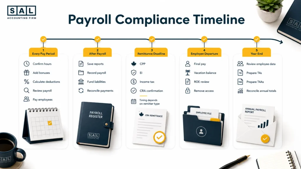 Payroll compliance timeline covering pay periods, CRA remittances, employee departures, records, and year-end forms