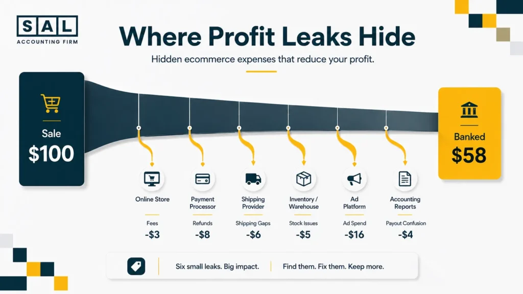 Ecommerce profit leak points across online store, payment processor, shipping, inventory, ads, and accounting reports.