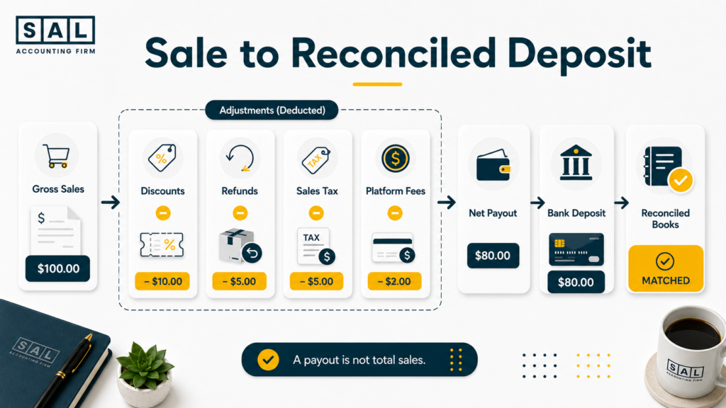 Ecommerce sale moving through refunds, sales tax, platform fees, payout, bank deposit, and reconciliation