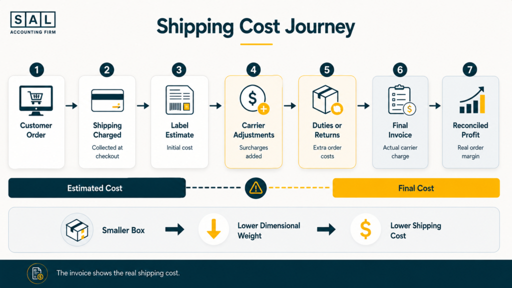 Ecommerce shipping cost journey from checkout charge and label estimate to final carrier invoice and profit