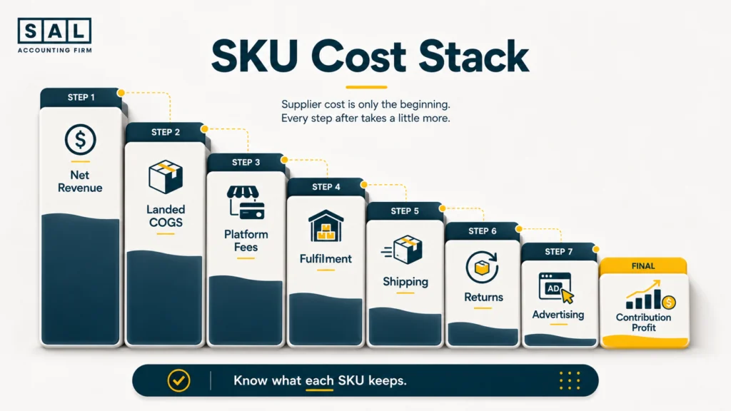 SKU cost stack showing landed COGS, fees, fulfilment, shipping, returns, and advertising deducted from revenue