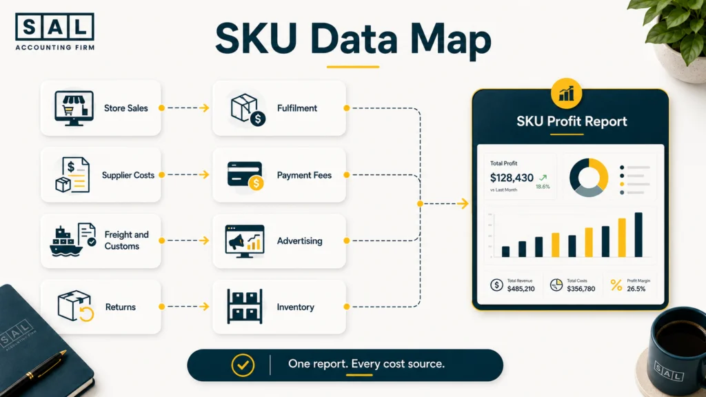 Ecommerce sales, supplier, freight, fulfilment, advertising, returns, and inventory data feeding a SKU profit report