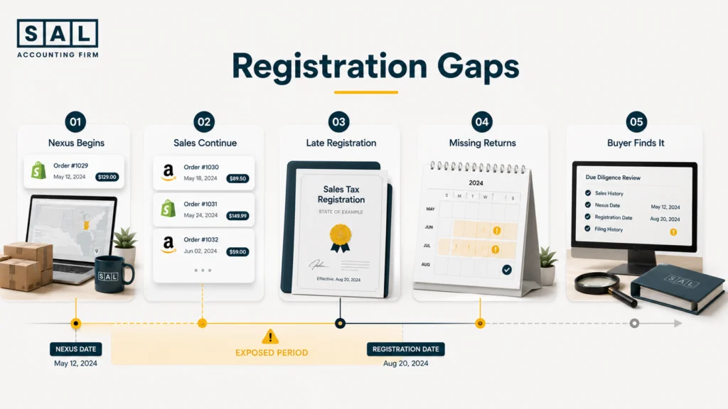 Timeline showing nexus beginning, continued sales, late registration, missing returns, and buyer discovery.