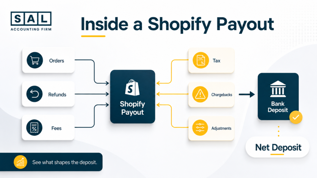 Shopify payout breakdown showing orders, refunds, fees, tax, chargebacks, adjustments, and net deposit