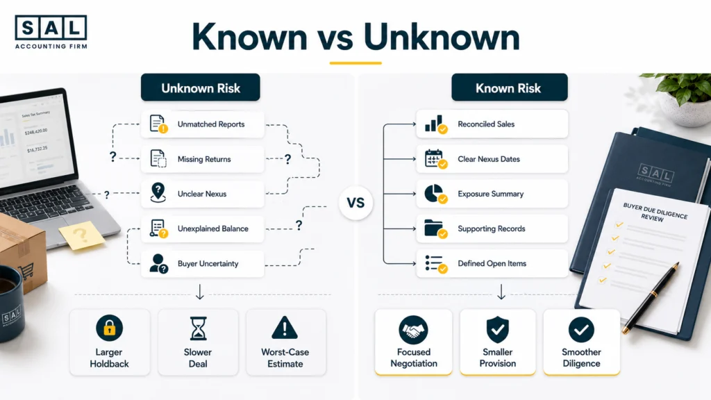 Comparison of unclear sales tax records causing a larger holdback versus documented exposure supporting smoother due diligence.