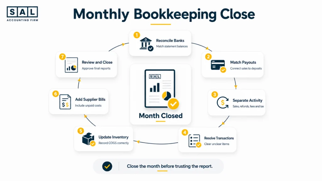 Monthly ecommerce bookkeeping close process covering bank reconciliation, payouts, inventory, supplier bills, and tax accounts.