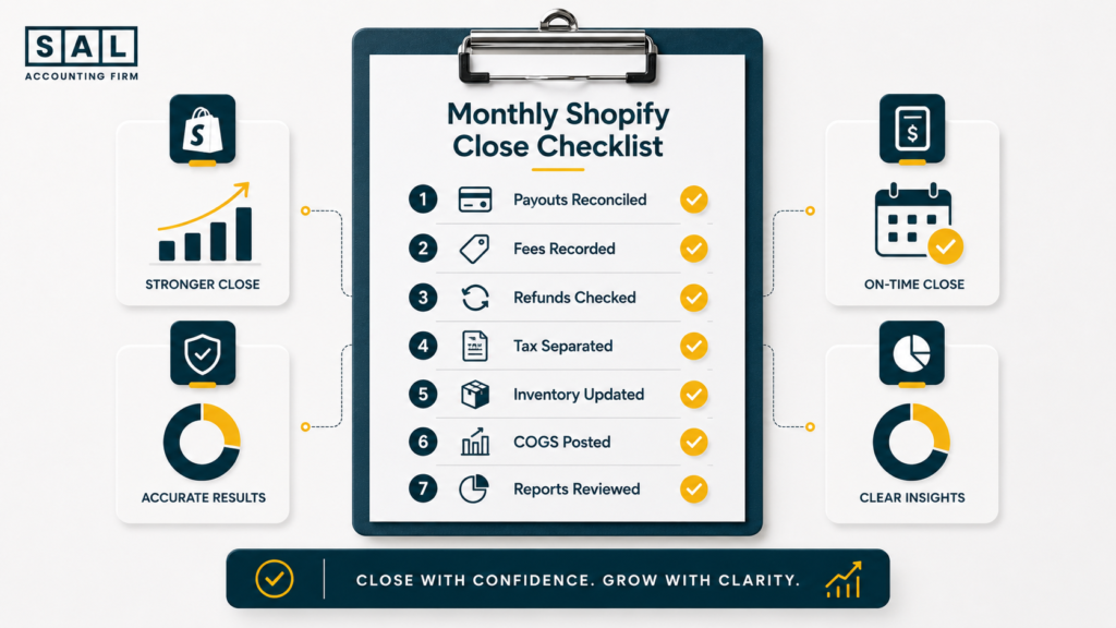 Monthly Shopify close checklist showing payout reconciliation, fee recording, refund checks, tax separation, inventory updates, COGS posting, and report review