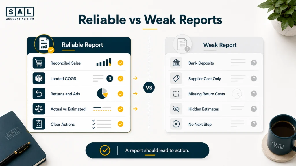 Comparison of a reliable SKU profit report and a weak report with missing ecommerce costs and no clear actions