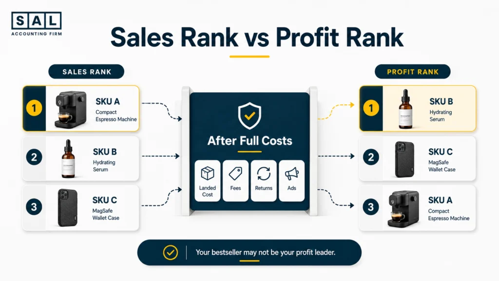 Three ecommerce SKUs changing positions between sales ranking and actual profit ranking