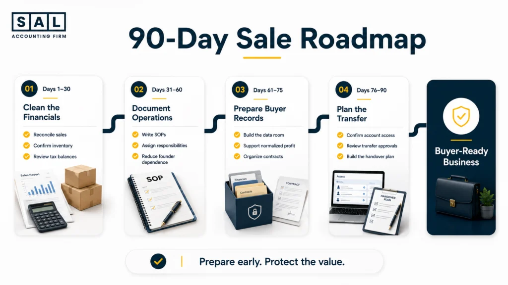 90-day roadmap for cleaning financials, documenting operations, preparing buyer records, and planning a Shopify transfer