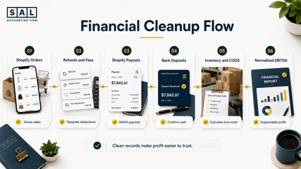 Shopify financial cleanup process from gross sales and payouts to inventory and normalized profit