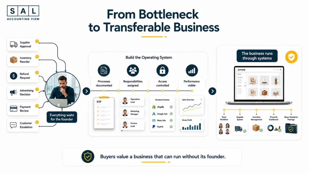 Shopify business moving from founder-dependent operations to documented systems and assigned responsibilities