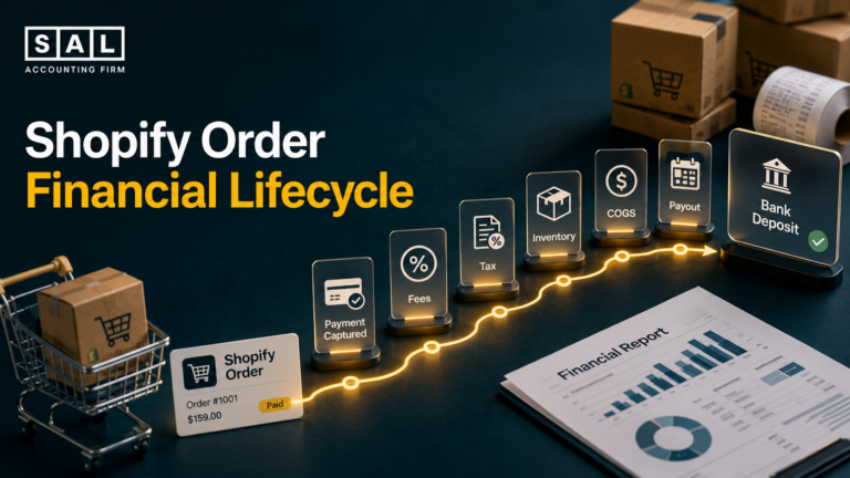Shopify order financial lifecycle showing how a sale moves through payment capture, fees, tax, inventory, COGS, payout, and bank deposit