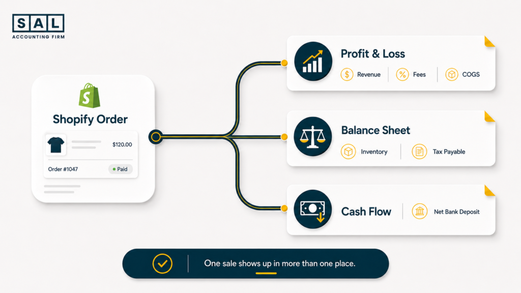One Shopify order affecting Profit and Loss, Balance Sheet, and Cash Flow through revenue, fees, COGS, inventory, tax payable, and bank deposit